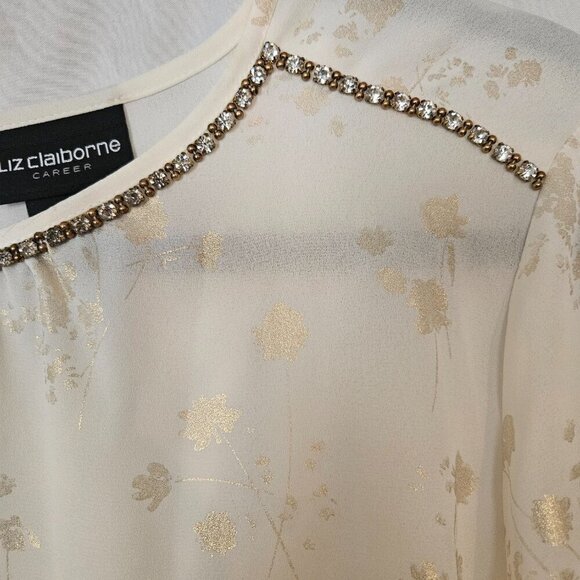 Liz Claiborne Ivory Textured Rhinestones Long Sleeve Blouse Womens Size Large XL - Picture 2 of 8